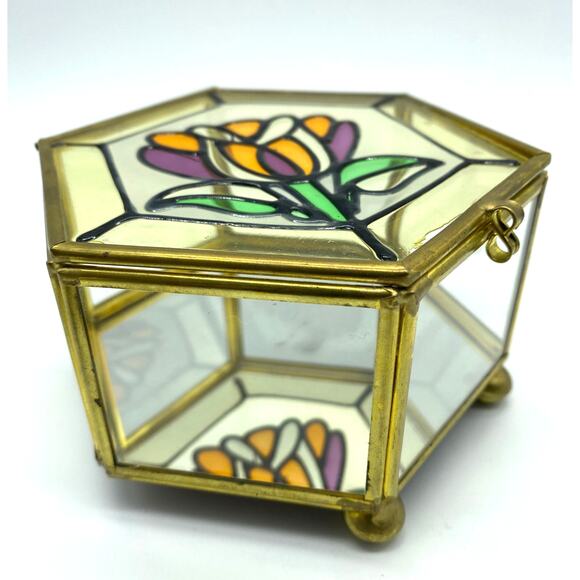 Hexagon Brass and glass-stained glass lid trinket box mirrored vintage Taiwan - Picture 5 of 8